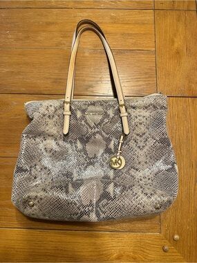 Michael Kors Gray Snake-Print Tote with Gold MK Charm